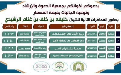 يدعوكم الجمعية لبحضور محاضرة للشيخ خليفة خلف غنام الرشيدي
